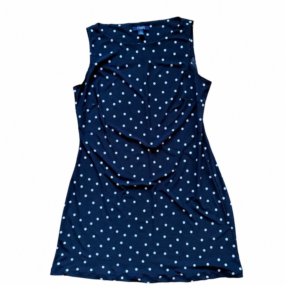 Chaps Womens Navy Blue White‎ Polka Dot Sleeveless Draped Sheath Dress Size M